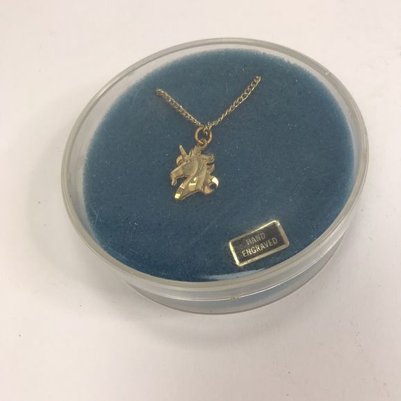 Vintage Unicorn Pendant Necklace Hand Engraved Fantasy Jewelry original box - Picture 3 of 8